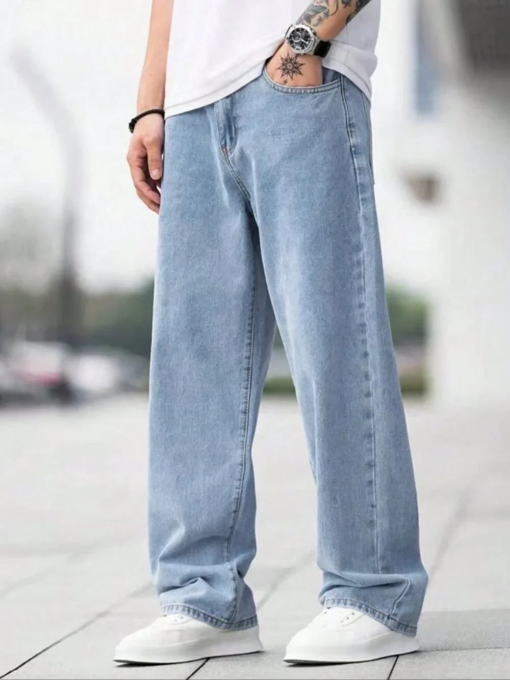 Light Wash Casual Men's Loose-Fit Zip Fly Long Pocket Plain Denim Pants